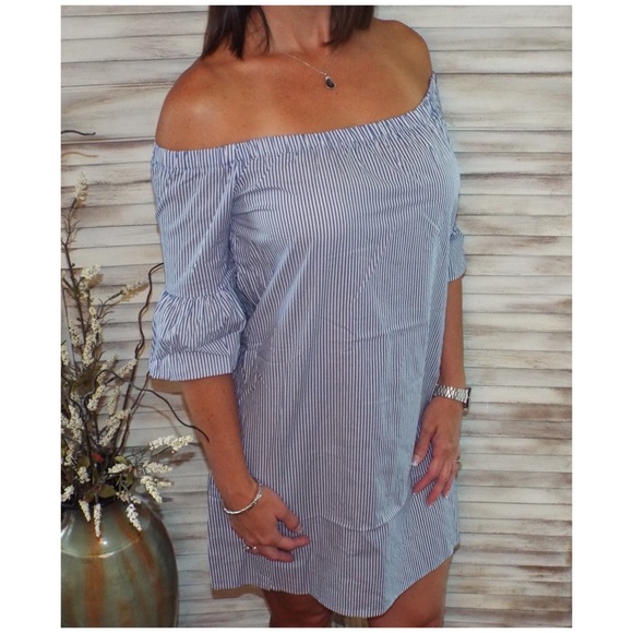Off Shoulder Pin Striped Dress Blue White 1418 - Picture 7 of 8
